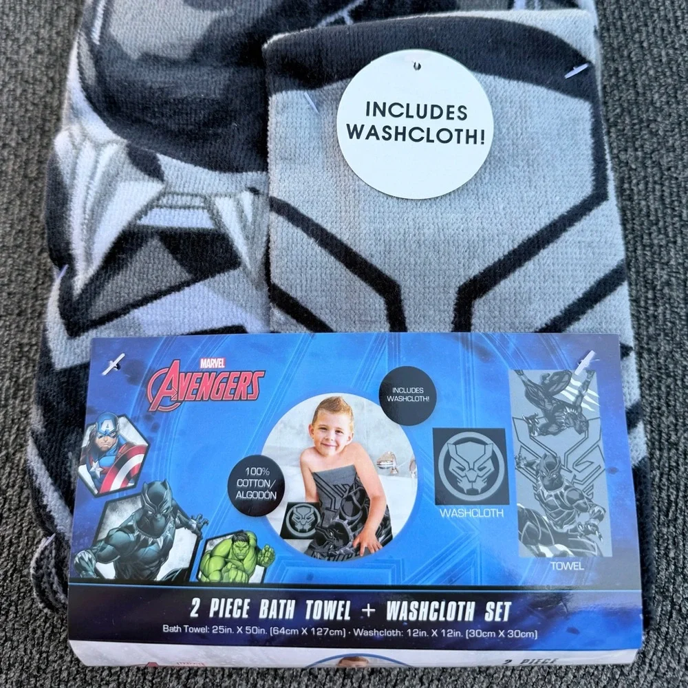 Marvel Black Panther Gray and Black Towel and washcloth set - 2 piece - NWT